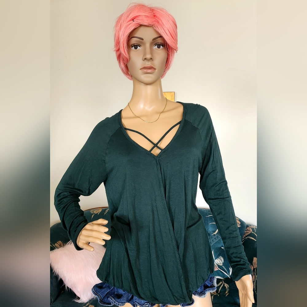 Chic Green Flowy Long Sleeve Top with Stylish Wrap Design
